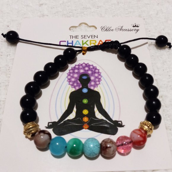 6pcs Seven Chakras Stretch Glass Stone Bracelets - Picture 1 of 4